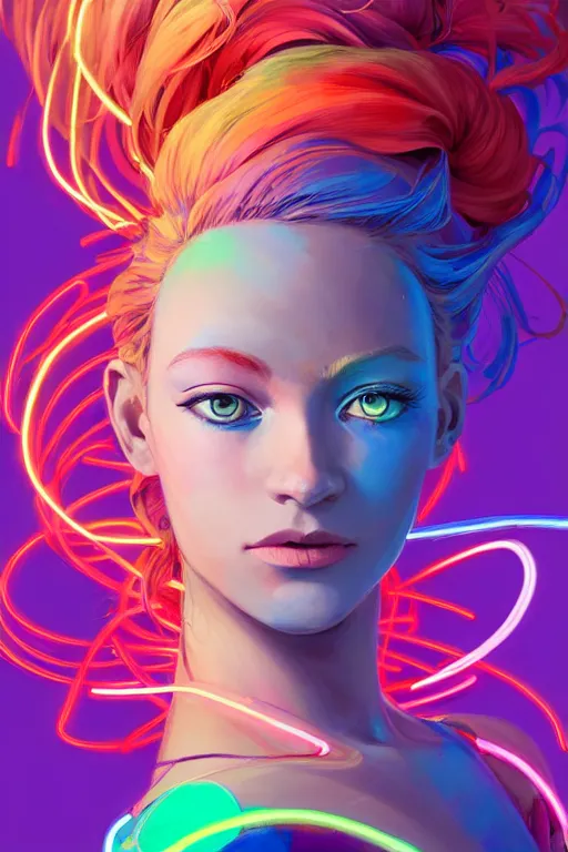 Image similar to a award winning portrait of a beautiful woman with stunning eyes in a one off shoulder croptop and cargo pants with rainbow colored hair, outlined by whirling illuminated neon lines and fine lines swirling in circles by jesper ejsing and rhads and makoto and shinkai and lois van baarle, digital art, trending on artstation