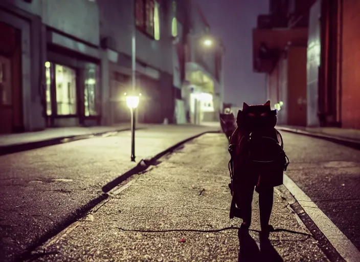 Image similar to photography of a Cat carrying a backpack . in a cyberpunk street. award winning photo, led lighting, night, 24mm, sharp, high res