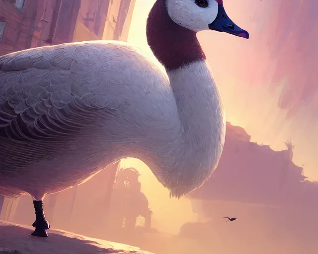 Image similar to Highly detailed portrait of a fashionable goose, in GTA V, Stephen Bliss, unreal engine, fantasy art by Greg Rutkowski, Loish, Rhads, ferdinand knab, Makoto Shinkai and Lois van baarle, ilya kuvshinov, rossdraws, Tom Bagshaw, global illumination, radiant light, detailed and intricate environment