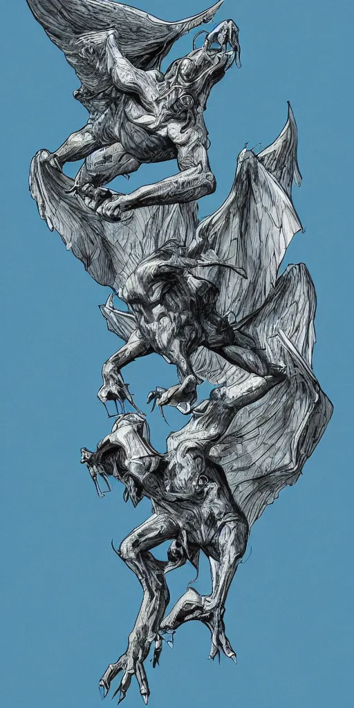 Image similar to highly detailed beautiful photography of flying gargoyle, sharp focus, dynamic lighting, elegant, harmony, beauty, masterpiece, by roberto ferry, illustration, blue background