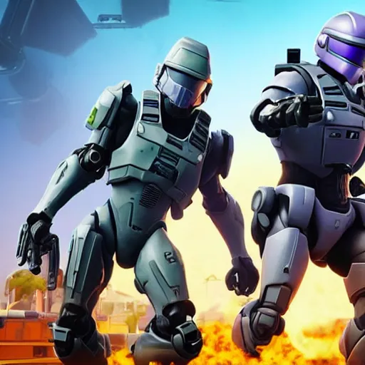 Image similar to Master Chief and Robocop sharing a pizza, a screenshot from Fortnite