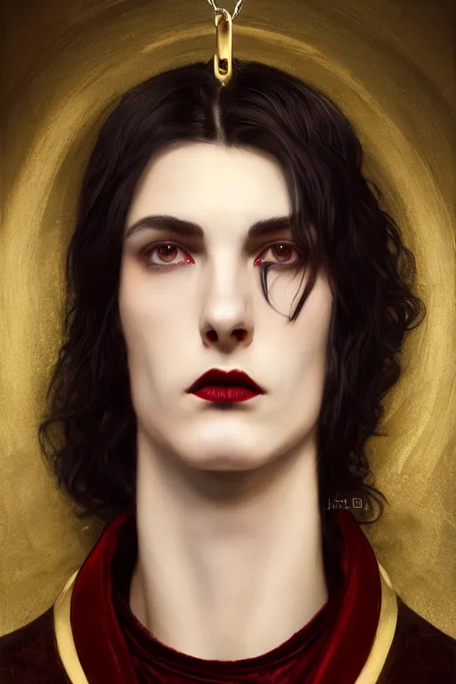 Image similar to a beautiful androgynous man, long thick dark hair, deep brown eyes, vampire, dressed in velvet, wearing a ruby pendant, illustration, dramatic lighting, soft details, painting oil on canvas, art nouveau, octane render, HDR, 4k, 8k, HD, by Edmund Blair Leighton, Brom, Charlie Bowater, faces by otto schmidt