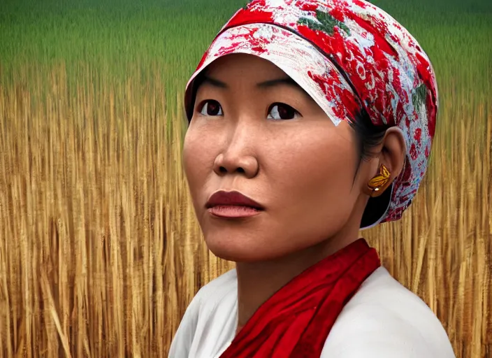 Image similar to realistic portrait photorealistic, background in the rice fields. indonesian woman in clothes made of rice straw, wearing a red and white bandana. fine art, trending on artstation, smooth draw, sharp focus, good lighting, no anomalies.