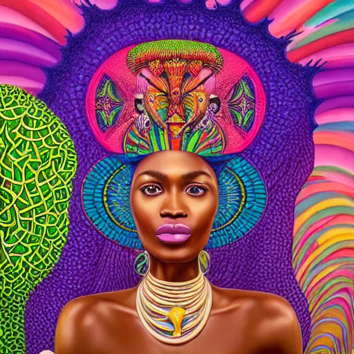 Image similar to a regal and heroic african queen with a colorful afro sitting in a cabana on top of a enormous elephant near a pink river with a large glowing baobab tree, by amanda sage and alex grey and evgeni gordiets in a surreal psychedelic style, symmetrical, detailed eyes, oil on canvas 8k, hd