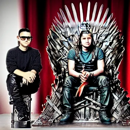 Image similar to skrillex sitting on the iron throne of game of thrones