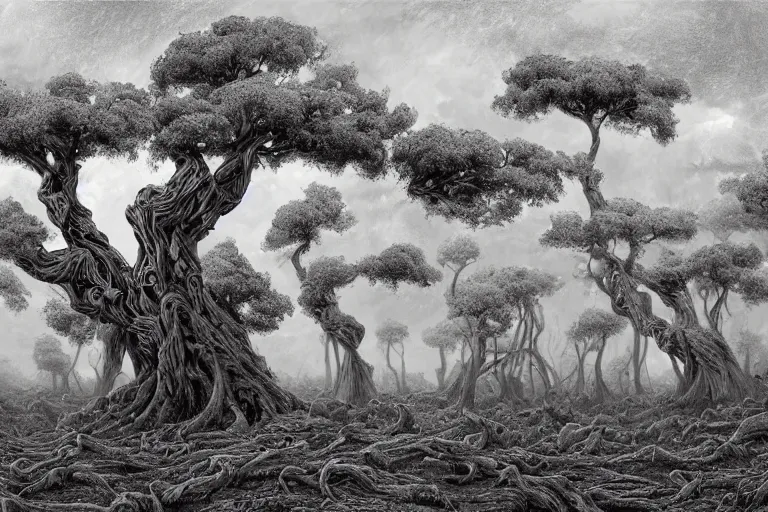Prompt: in the storm, gnarled trees on a darkling plain, tree roots, drawn by christan delort and jean gireaud, wide angle, centered composition, golden ratio