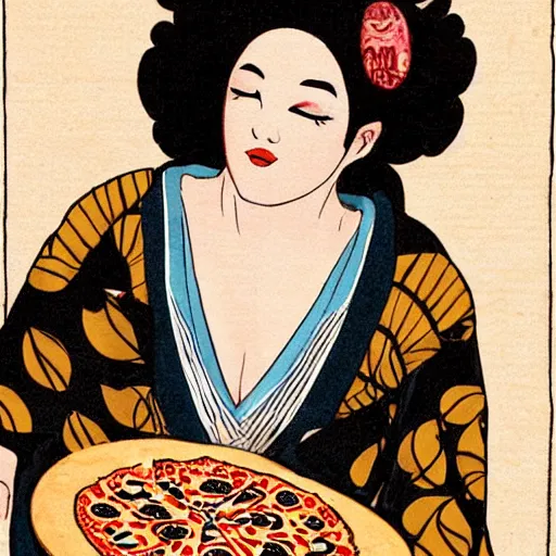 Image similar to afrodita in kimono eating pizza, greek mythology art