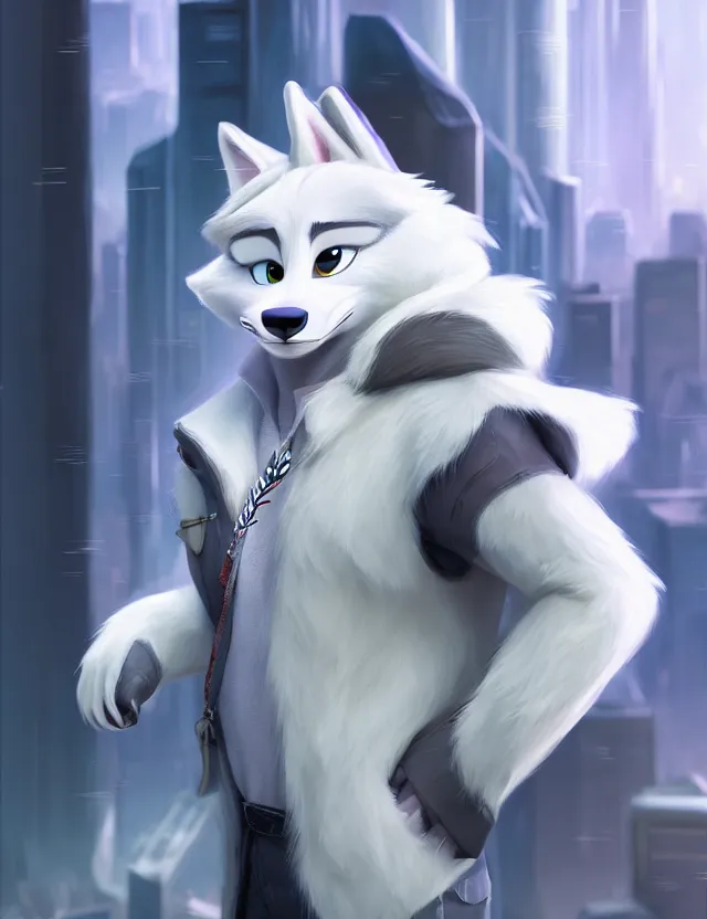 Image similar to portrait of cute male anthropomorphic white wolf in the style of zootopia in cyberpunk city, volumetric light, artstation, concept art, 8 k, high detail, perfect