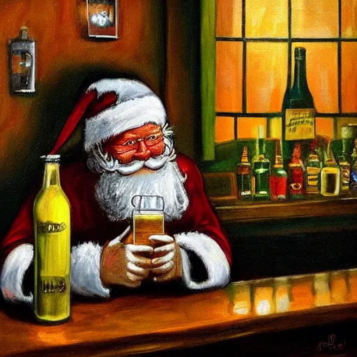 Image similar to santa claus depressed having a drink at a bar, painting, somber, moody lighting