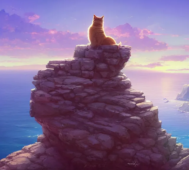 Image similar to a tabby cat sitting on a cliff overlooking the sea. Atmospheric lighting, sunset, blue sea. By Makoto Shinkai, Stanley Artgerm Lau, WLOP, Rossdraws, James Jean, Andrei Riabovitchev, Marc Simonetti, krenz cushart, Sakimichan, trending on ArtStation, digital art.