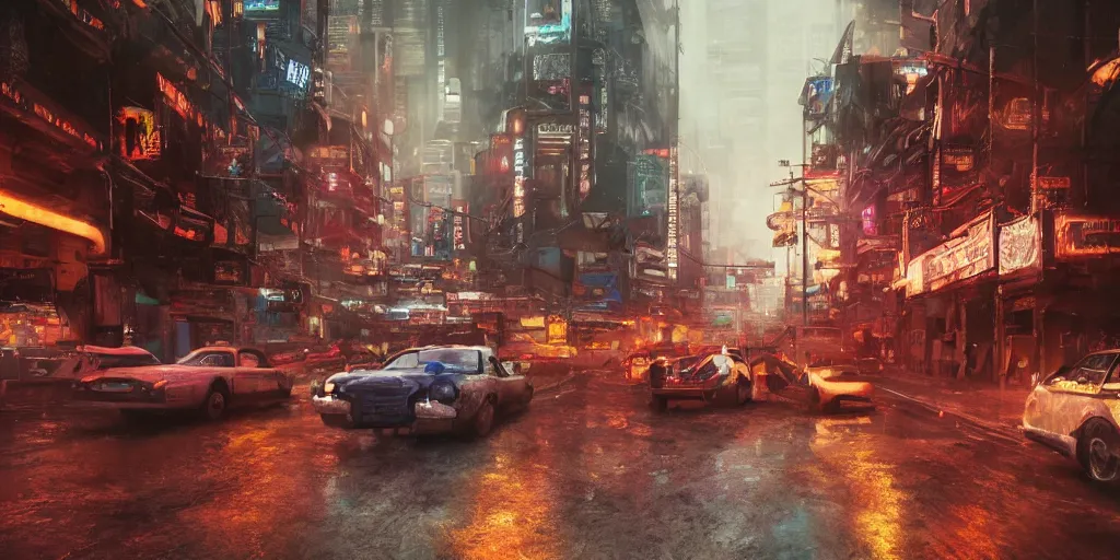 Image similar to a guatemalan solitary cyberpunk city, abandoned with neon ads and signs with evocative dramatic mood with blade runner vibe with cars and floating vehicles with motion blur with depth of field with bloom with lightshaft with volumetric lights and ads, fog, by jeremy mann oscar winning graphics, photo realistic, bloom, imax, dynamic lighting, artstation,