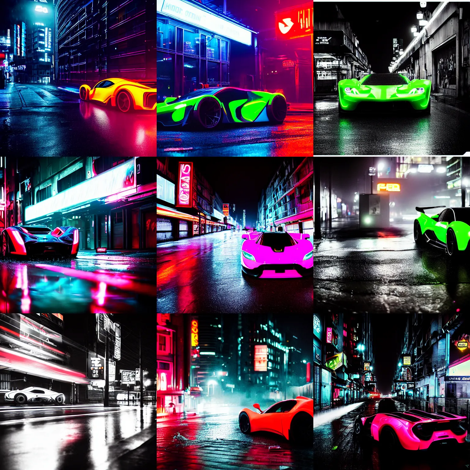 Image similar to a neon hypercar in the dark and rainy city street by Liam Wong