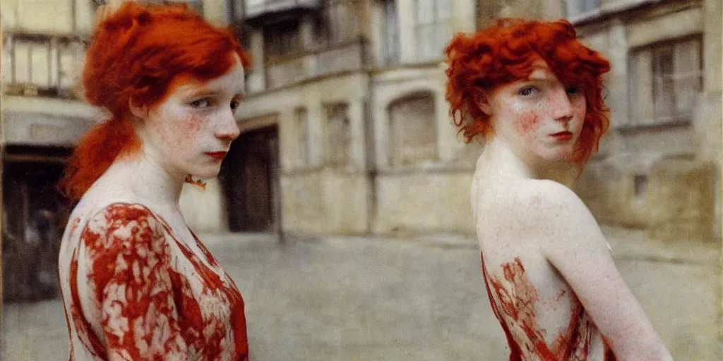 Prompt: a young red haired woman with freckles looks deeply into the camera, 1920's london street, art nouveau, style of Joel Meyerowitz, gustav klimpt, painterly