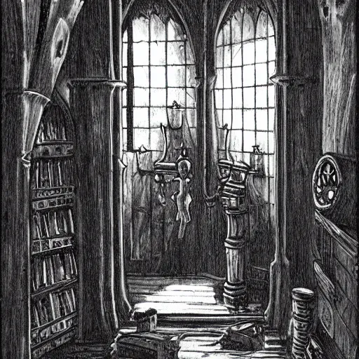 Image similar to Interior shot of a vampire's manor, inside of a hallway with large ominous windows. Dark Fantasy, Film Noir, Black and White. High Contrast, Mike Mignola, D&D, OSR