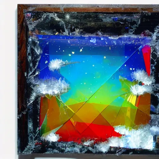 Prompt: shattered glass, space, low poly, colorful, oil, expressionism, man, snow,