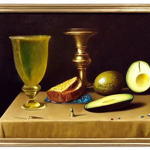 Image similar to still life with avocado toast, golden chalice, flies, velvet, 1 0 0 dollar bills, by willem claesz heda