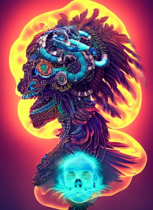 Image similar to 3 d shaman with tattoos profile portrait, sigma 5 0 0 mm f / 5. beautiful intricate highly detailed quetzalcoatl skull and feathers. bioluminescent, plasma, lava, ice, water, wind, creature, thunderstorm! artwork by tooth wu and wlop and beeple and greg rutkowski, 8 k trending on artstation,