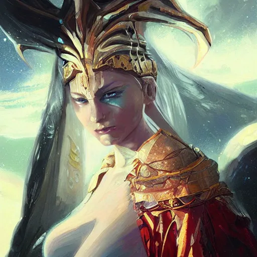 Prompt: an acrylic on canvas portrait painting of a beautiful alien priestess by Greg Rutkowski and Artgerm. Epic fantasy background.