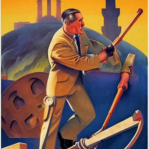 Prompt: art deco propaganda poster of robert mueller destroying wall with sledgehammer by j. c. leyendecker, bosch, lisa frank, jon mcnaughton, and beksinski