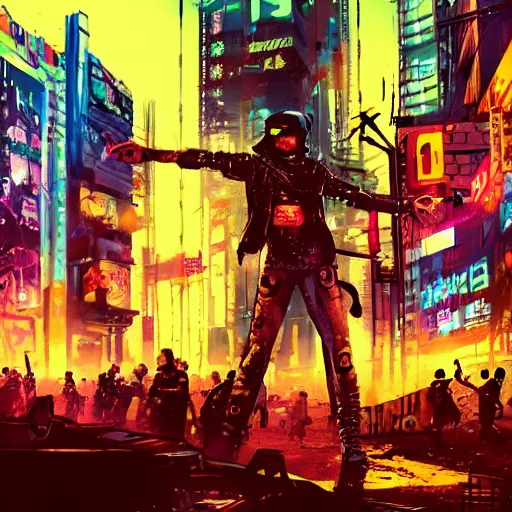 Prompt: riot in a cyberpunk city