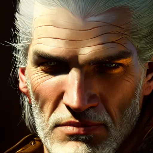 Image similar to geralt of rivia and jaskier. close up of their faces. natural lighting. highly detailed painting by gaston bussiere, j. c. leyendecker, greg rutkowski 8 k