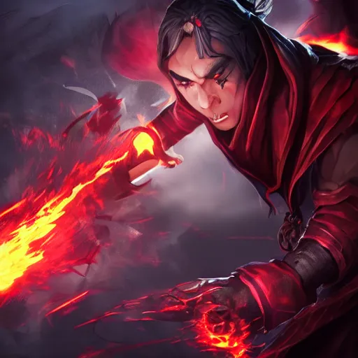 Prompt: an evil mage with burning eyes in a fighting pose casting a dark spell, character splash art, dynamic, action pose, digital painting, WLOP, trending on artstation, 8k, epic composition, highly detailed, sharp focus