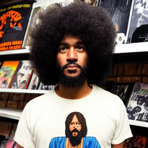 Prompt: Black Jesus with an afro at a record store