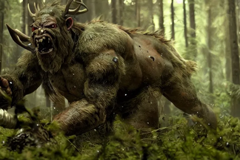 Image similar to vfx movie closeup detailed ancient warrior orc hunting elk in the forest, natural lighting by emmanuel lubezki