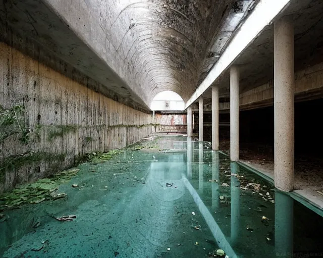 Image similar to abandoned place by ricardo bofill. an underground waterpark that used to be full of life, now empty at nighttime, under artificial fluorescent lights.