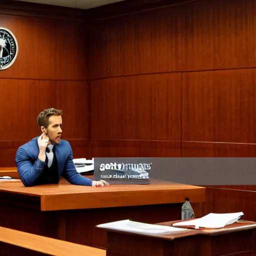 Image similar to news photo of a courtroom with ryan reynolds on trial, highly detailed, extremely high quality, hd, 4 k, 8 k, professional photographer, 4 0 mp, lifelike, top - rated, award winning, realistic, detailed lighting, detailed shadows, sharp, no blur, edited, corrected, trending