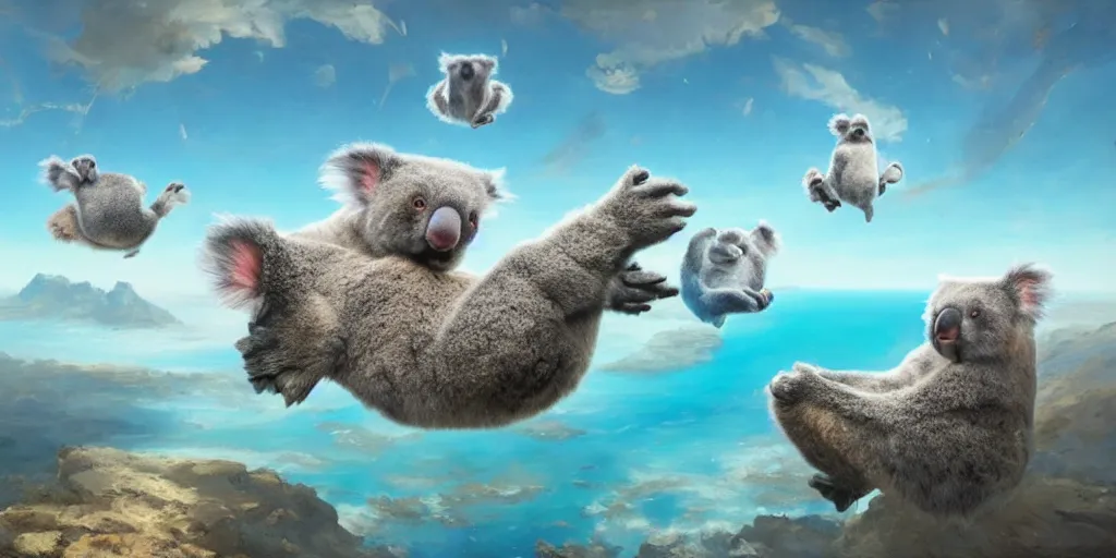 Image similar to Floating fantasy koalas over a blue ocean, Darek Zabrocki, Karlkka, Jayison Devadas, Phuoc Quan, trending on Artstation, 8K, ultra wide angle, pincushion lens effect.