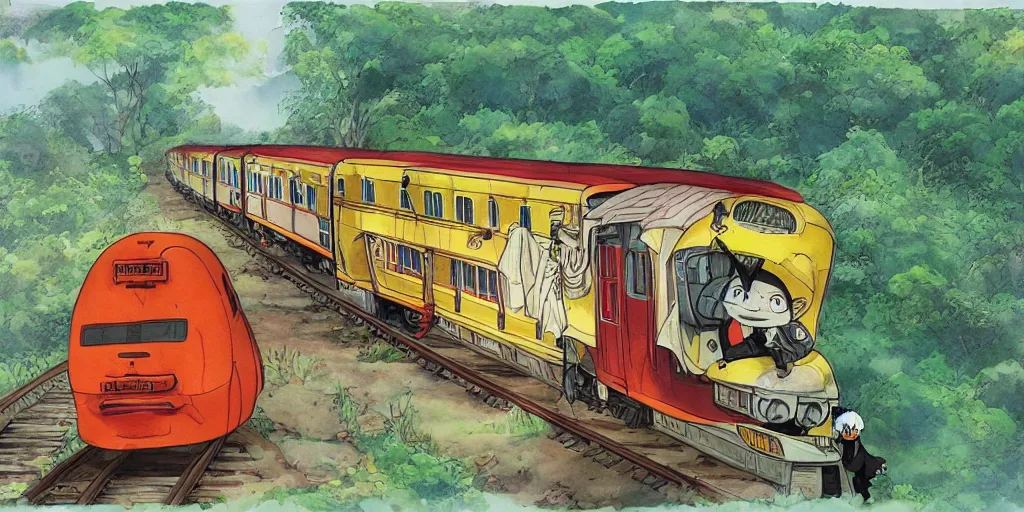 Image similar to sri lankan train, drawn by hayao miyazaki