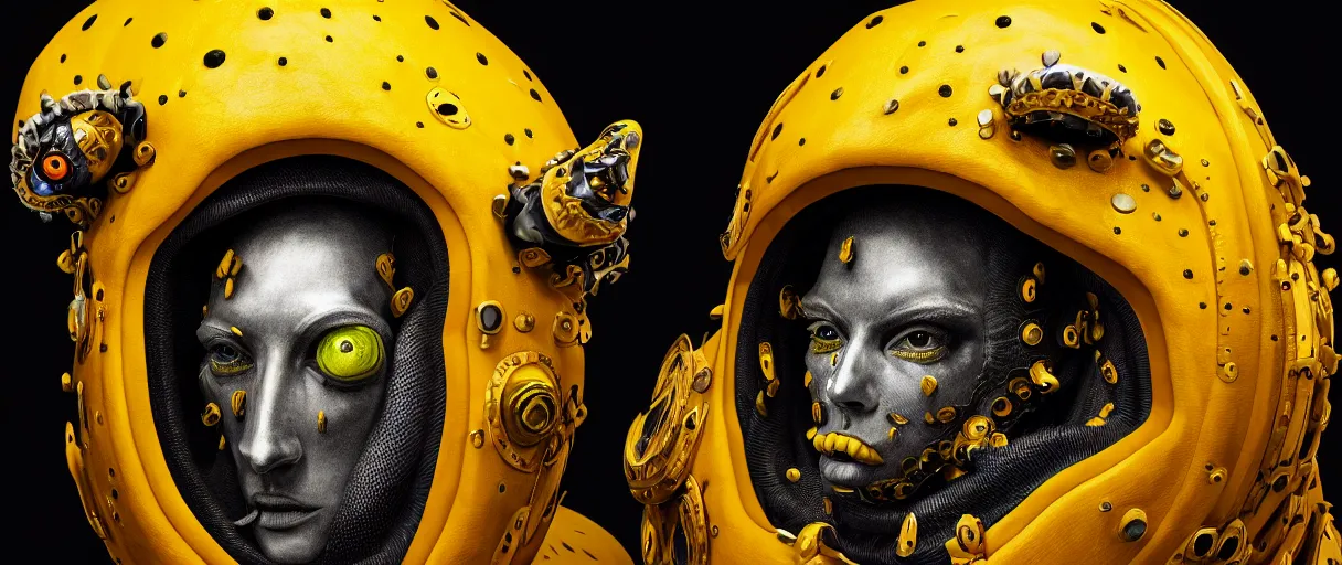 Image similar to hyperrealist highly detailed english medieval portrait of high fashion monster wearing car part yellow cab armor, radiating atomic neon corals, concept art pascal blanche dramatic studio lighting 8k wide angle shallow depth of field