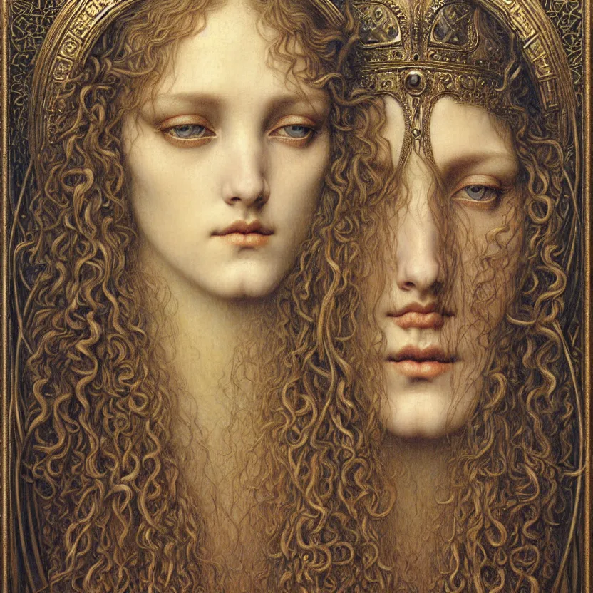 Image similar to detailed realistic beautiful young medieval queen face portrait by jean delville, gustave dore and marco mazzoni, art nouveau, symbolist, visionary, gothic, pre - raphaelite. horizontal symmetry