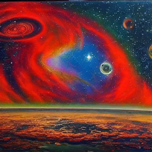 Image similar to sometimes forget there is purpose in all this and then i remember how far we've come, ( 1 9 5 5 ) awe inspiring cosmic scifi oil painting