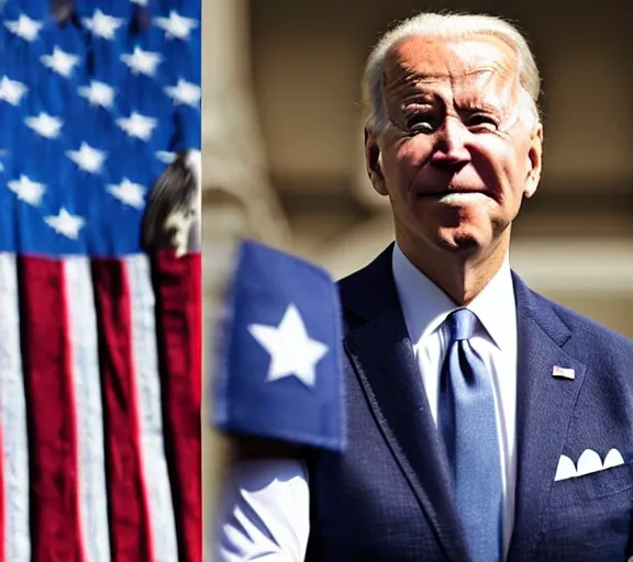 Image similar to joe Biden wearing a captain America costume, photorealistic, highly detailed, cinematic, dramatic lighting