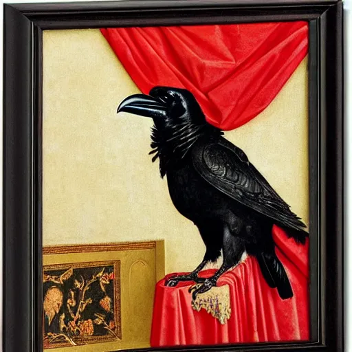 Image similar to a highly detailed portrait of a raven, wearing elegant tudor clothes, inside a room with thick red tapestries, by hans holbein and alessandro allori