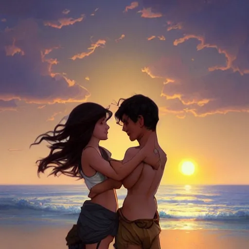 Prompt: a boy embracing an emotional girl on the beach, sunset, bikink, extremely detailed, raytracing, art by artgerm, greg rutkowski and alphonse mucha, artstation