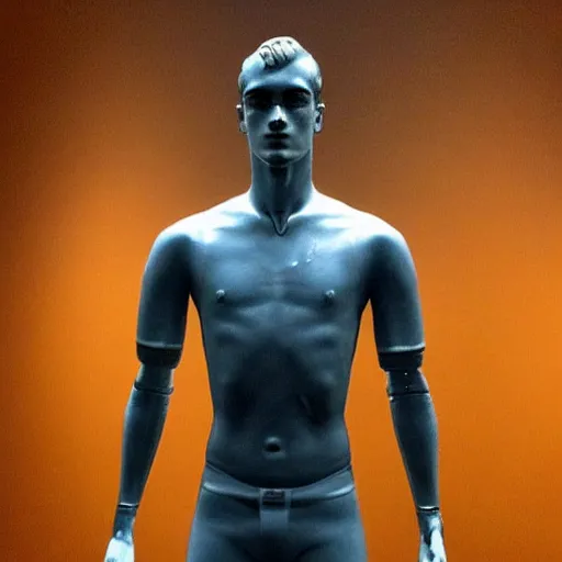 Image similar to “ a realistic detailed photo of a guy who is an attractive humanoid who is half robot and half humanoid, who is a male android, soccer player antoine griezmann, shiny skin, posing like a statue, blank stare, at the museum, on display ”