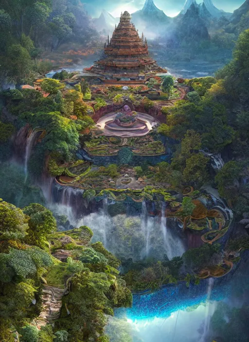 Image similar to visions of a gorgeous landscape of utopian nature surrounding shangri la with vedic architecture and precise details by alex grey, and greg rutkowski, filled with nature gods and dreamcatcher portals, hdr, 3 d, photorealism, mandelbulb 3 d, volumetric lighting, octane render.