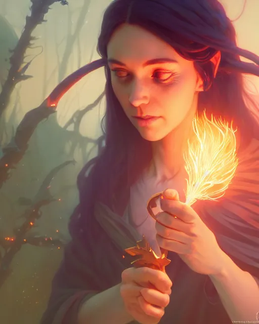 Image similar to highly detailed vfx portrait of a witch casting light magic, unreal engine, greg rutkowski, loish, rhads, beeple, makoto shinkai and lois van baarle, ilya kuvshinov, rossdraws, tom bagshaw, alphonse mucha, global illumination, detailed and intricate environment