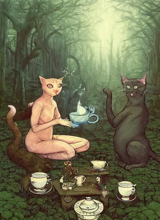 Image similar to cat having tea with a sorceress at a shrine in the woods by a stream, river gorgeous lighting, lush forest foliage blue sky a hyper realistic painting by chiara bautista and beksinski and norman rockwell and greg rutkowski weta studio, and lucasfilm