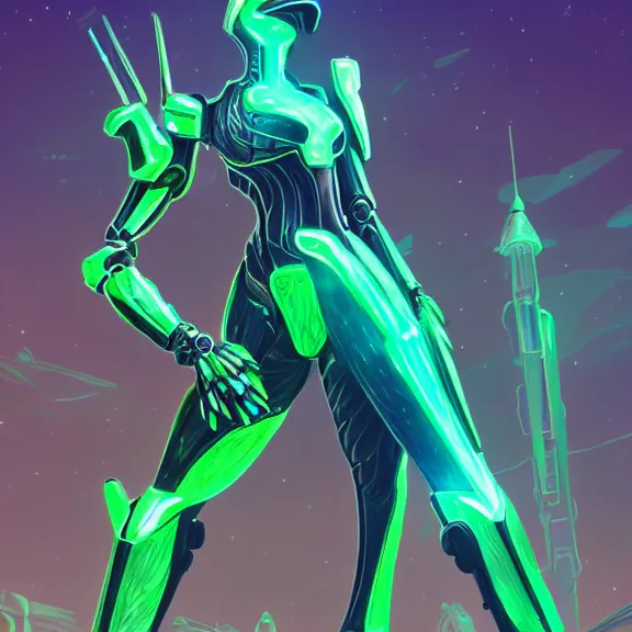 Image similar to extremely detailed giantess shot, close front shot, of a goddess that's a giant beautiful stunning anthropomorphic robot female dragon, standing majestically on a mountain, elegant pose, robot dragon claws, streamlined glowing green armor, detailed sharp metal claws, thick warframe robot legs, long elegant tail, detailed warframe fanart, destiny fanart, high quality digital art, giantess art, furry art, warframe art, Destiny art, furaffinity, DeviantArt, artstation, 8k HD, octane render