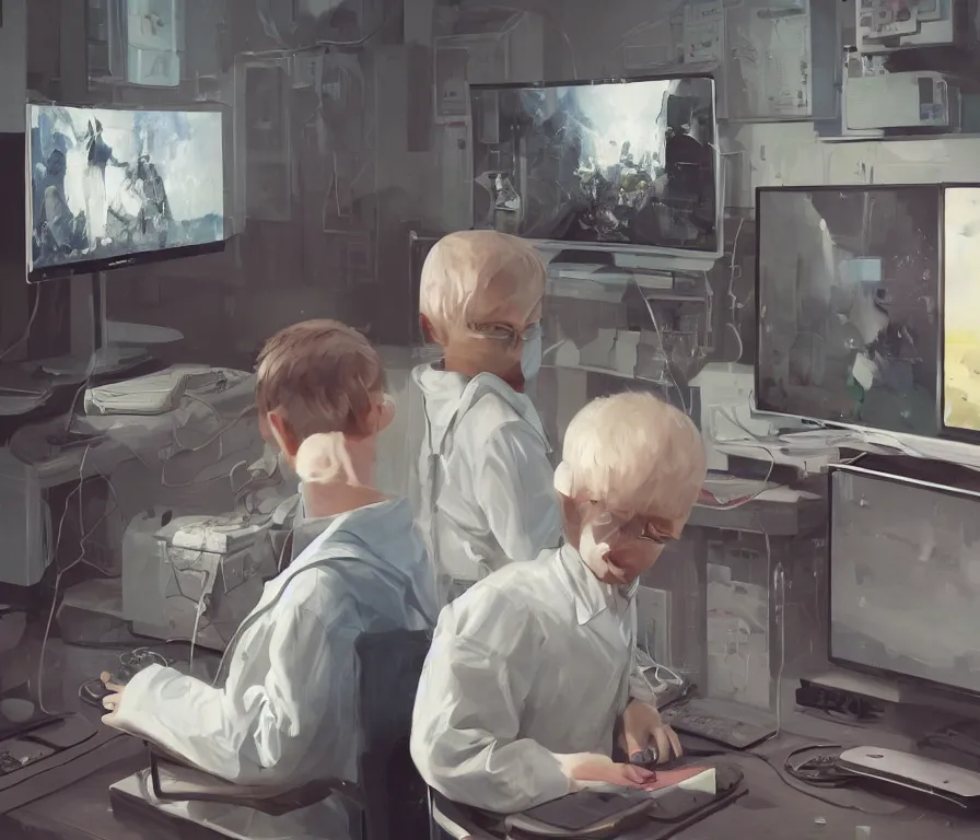 Image similar to a portrait of single smart child in a white coat in front of a computer and screens in a painting from stalenhag, 4 k, 8 k, hdr, artstation