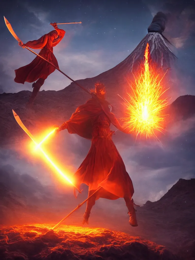 Image similar to levitating wizard wielding a spear, opening a shining portal, night sky, horizon of an erupting volcano, 4 k, ultra realistic, detailed, epic lighting, high detail, masterpiece, trending on artstation