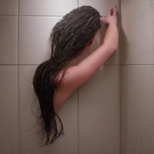 Image similar to mess of hair hairball on shower wall. tangled strands of hair. hair fell off a human and she stuck it to the wall.