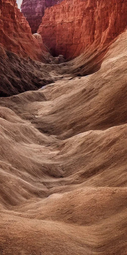 Image similar to dream looking through a hyper realistic photograph of a barren dusty canyon, minimal structure, misty, raining, icelandic valley, small stream, in the style of reuben wu, roger deakins