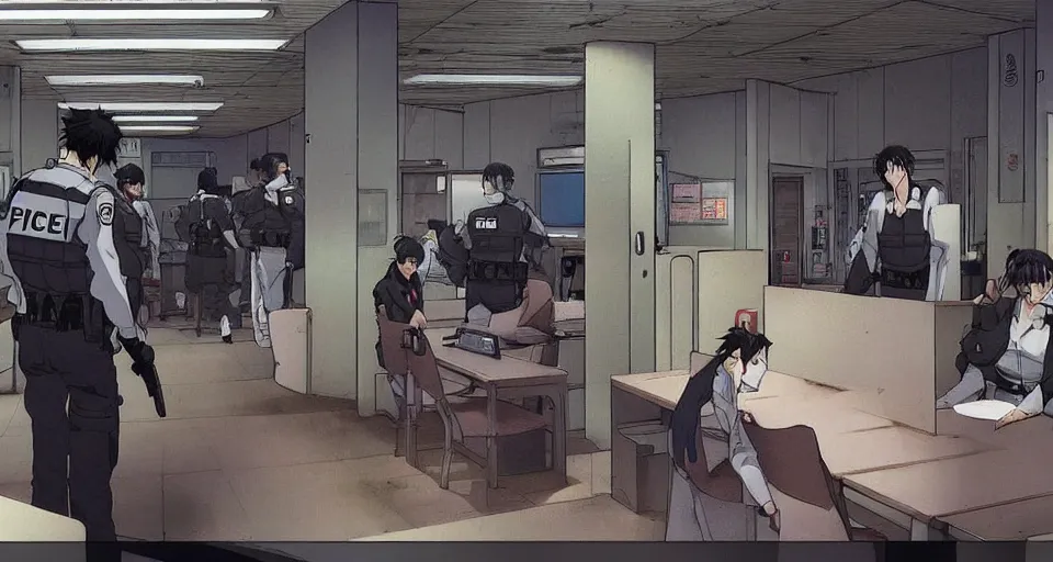 Image similar to Scene within the location called 'Public security section 9'. Police station interior. Screenshot from an episode of the anime 'Ghost in the shell: Stand Alone Complex' (2003). Produced by 'Production I.G'. Original manga by Masamune Shirow. Art direction by Kazuki Higashiji and Yuusuke Takeda.