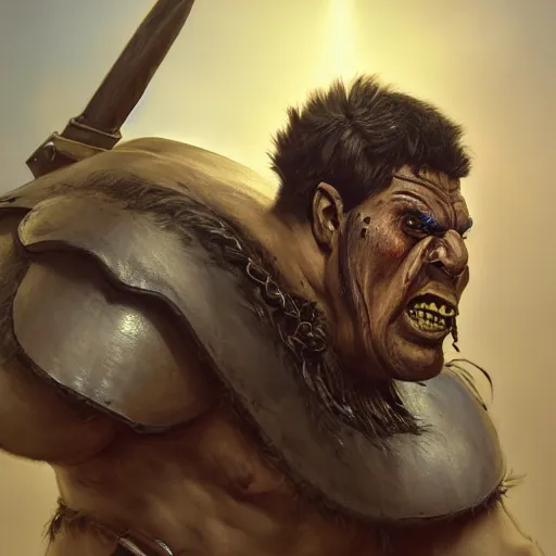 Image similar to upper body portrait of a heavily armoured hulking herculean chiseled mr bean rowan atkinson as a fantasy barbarian pirate orc ork, sunrays, cinematic lighting, photorealistic, octane render, 8 k, depth of field, 3 d, art by artgerm and greg rutkowski and alphonse mucha and uang guangjian and gil elvgren and sachin ten