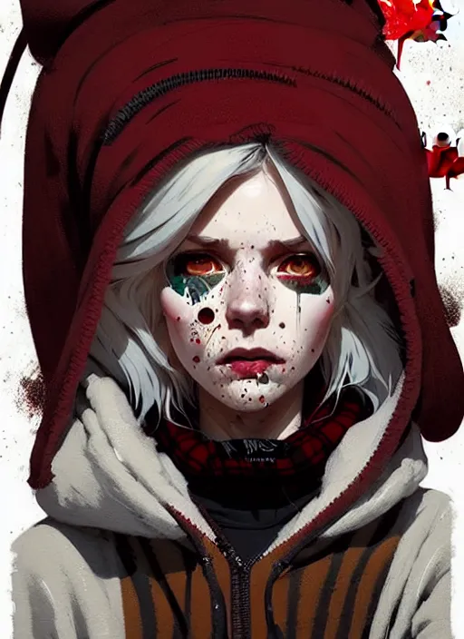 Image similar to highly detailed portrait of a sewer punk canadian lady, tartan hoody, white hair by atey ghailan, by greg rutkowski, by greg tocchini, by james gilleard, by joe fenton, by kaethe butcher, gradient red, brown, blonde cream and white color scheme, grunge aesthetic!!! ( ( graffiti tag wall background ) )